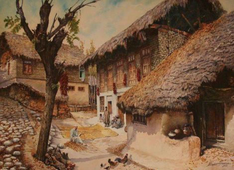 A Painting of a typical village in Kashmir, in olden days.